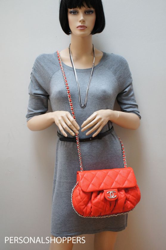 AMAZING 12C CHANEL CORAL RED LEATHER MEDIUM FLAP CHAIN AROUND BAG 