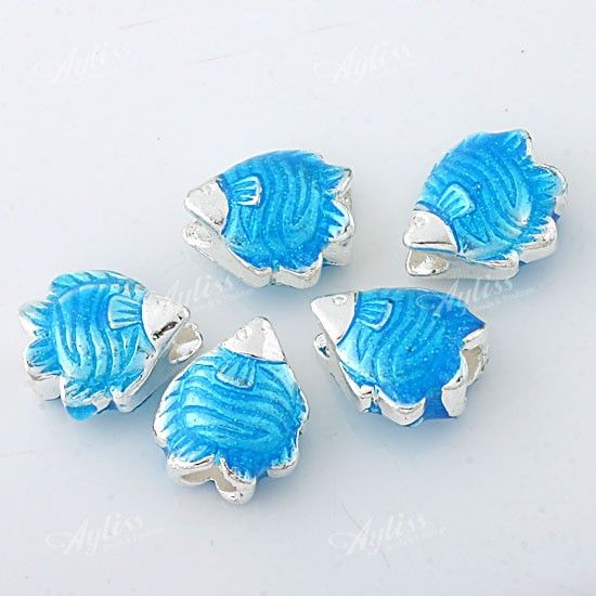 5pcs Blue Enamel Fish European Beads Fit Charm Bracelet  