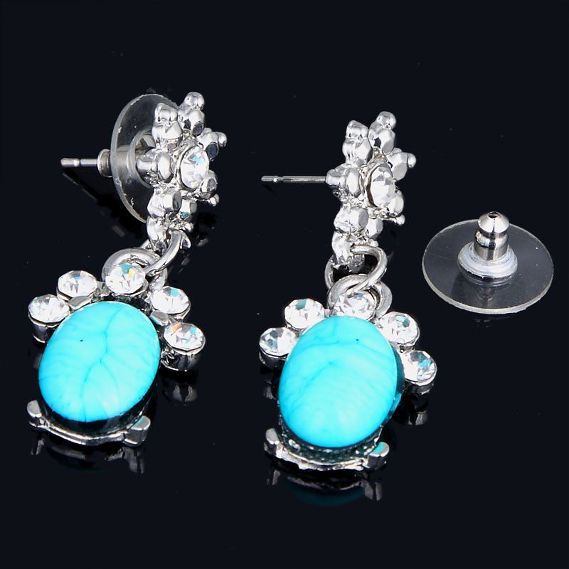 oval handcrafted fashion woman rose turquoise Tibet silver earrings 