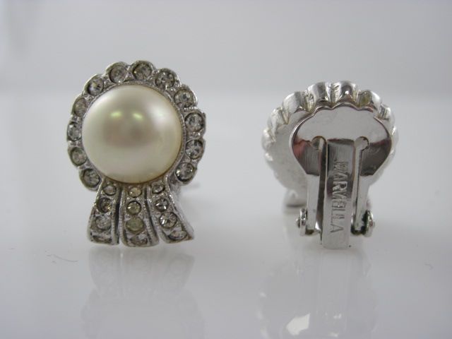  are bidding on MARVELLA Silver Tone Crystal Faux Pearl Clip Earrings 
