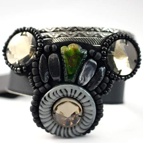 d6656 Wide Tibet Silver Style Gems Beads Button Bangle  