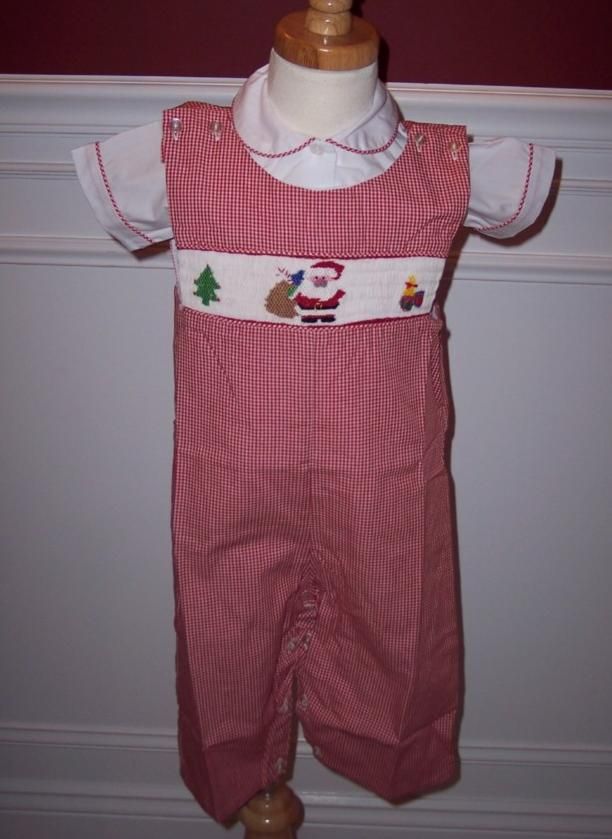 Christmas Red White Smocked Boys Santa Outfit Shirt New  