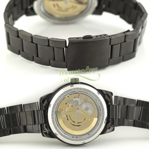   Hollow Automatic Watch Black Stainless Steel Band Rare Classic  