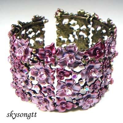 Pink Enamel Floral Crystal Bangle Cuff Bracelet B1074P  