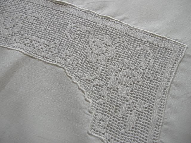 Antique CROCHET ROSES LINEN SHEET/DUVET COVER German^i^  