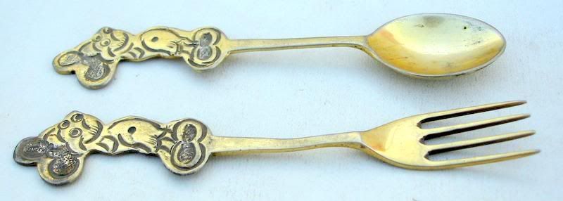 OLD STERLING SILVER GOLD GILDED SPOON AND FOLK SET MIKE MOUSE DESIGN 